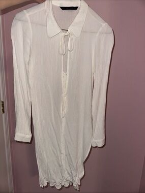 Zara Basic White Tie-Front Long Sleeve Dress